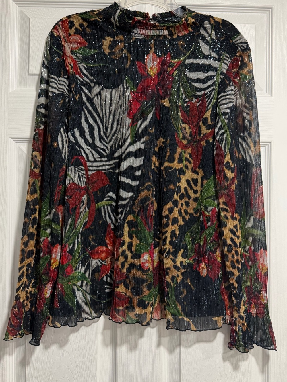Chico's Black Multi Floral, Zebra & Leopard Metallic Blouse